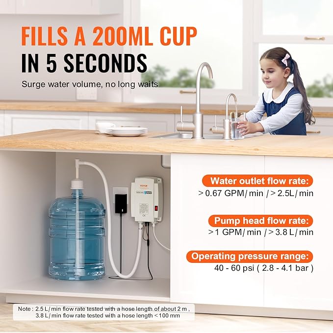 VEVOR Bottled Water Dispenser Pump System, 5 Gallon Dispensing System, Automatic Electric Water Dispenser, Single Inlet Water Jug Pump, Compatible Use with Coffee/Tea Machine, Refrigerator, Ice Maker