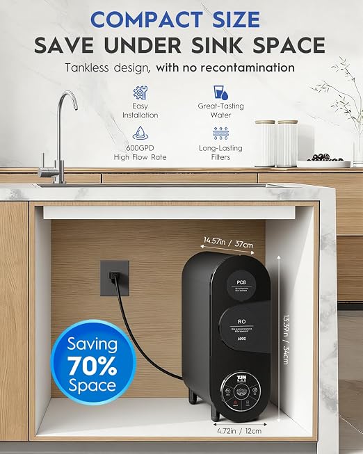 TJN 600G RO Water Purifier，FCC & UL 979 Certification. 600G High Flow (1.5L/min), Dual RO+PCB Filters. Reduces TDS & PFAS, 2:1 Pure-to-Drain Ratio. Includes Faucet & Tubing, Under Sink Installation