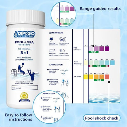 DIP&GO Pool and Spa Test Strips - 125 Test Strips for Pool and Hot Tub | Pool Test Kit for pH, Total Alkalinity, Free Chlorine