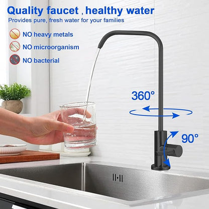 Drinking Water Faucet - Long Thread Stem Filtered Water Tap for Thick Countertop,Lead-Free RO Faucet with Hose and Push Connect Fittings(Matte Black - "7" Shape)