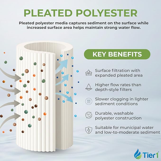 Tier1 50 Micron 20 x 4.5 Water Filter | Pleated Polyester Whole House Sediment Filter Cartridge | Replacement for Pentek ECP50-BB, 4PAY5, 255496-43 | High Flow 4.5 x 20 Entry Point Water Filter (3pk)