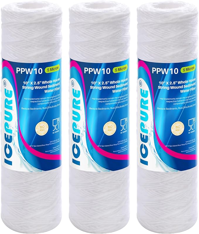 ICEPURE 10" x 2.5" Whole House String Wound Sediment Water Filter for Well Water, 5 Micron Water Cartridge Replacement for Any 10 inch RO Unit, Aqua-Pure AP110, WP-5, CFS110, WFPFC4002, CW-MF, 3 PACK