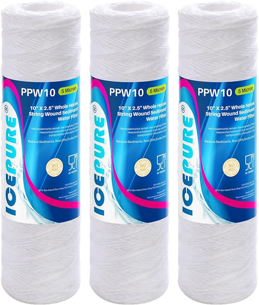 ICEPURE 10" x 2.5" Whole House String Wound Sediment Water Filter for Well Water, 5 Micron Water Cartridge Replacement for Any 10 inch RO Unit, Aqua-Pure AP110, WP-5, CFS110, WFPFC4002, CW-MF, 3 PACK