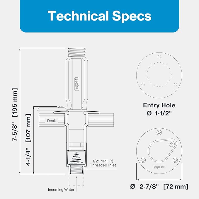 Aquor Universal Hydrant – Stainless Steel Flush-Mount Outdoor Faucet – Push-Twist Quick-Connect with Check Valve, Leak-Free, Universal Water Inlet for Decks and DIY, 1/2" NPT (f) x 3/4" GHT (m)