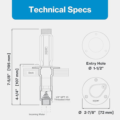 Aquor Universal Hydrant – Stainless Steel Flush-Mount Outdoor Faucet – Push-Twist Quick-Connect with Check Valve, Leak-Free, Universal Water Inlet for Decks and DIY, 1/2" NPT (f) x 3/4" GHT (m)