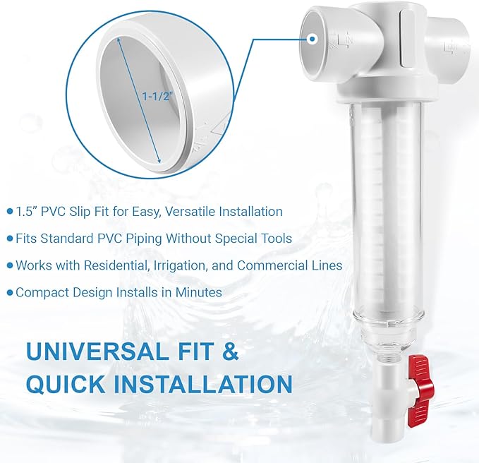 Spin Down Sand Separator, Sediment Water Filter System, 100 Mesh, 1.5-Inch PVC Slip Fit, 50 GPM, Heavy-Duty Pre-Filter for Well, Irrigation, and Home Water Systems