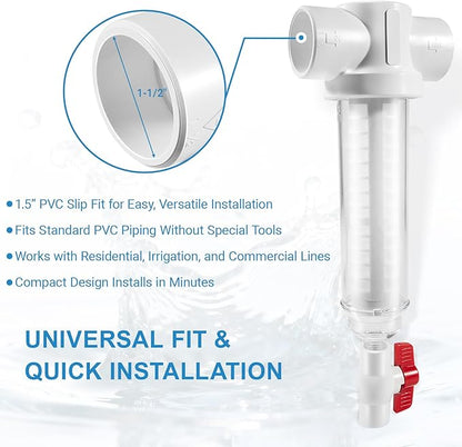 Spin Down Sand Separator, Sediment Water Filter System, 100 Mesh, 1.5-Inch PVC Slip Fit, 50 GPM, Heavy-Duty Pre-Filter for Well, Irrigation, and Home Water Systems