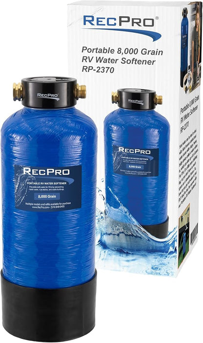 RecPro RV Water Softener Portable | Prevents Hard Water Buildup | Hose and TDS Water Test Strips Included | Cation Exchange Resin (8,000 Grain)