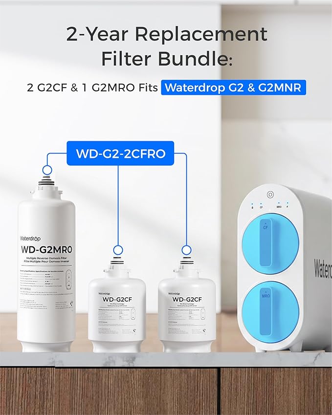 Waterdrop G2-2CFRO Filter, Replacement for G2 Reverse Osmosis System, 2-Year Lifetime, Pack of 2 G2CF Filters and 1 G2MRO Filter, Reduce PFAS