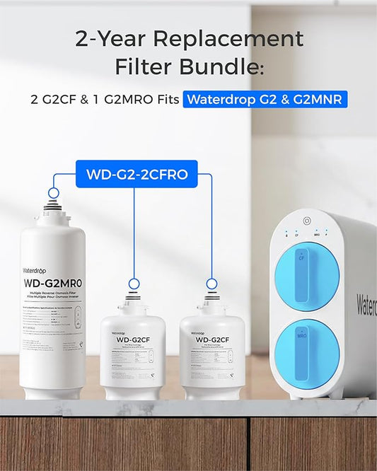 Waterdrop G2-2CFRO Filter, Replacement for G2 Reverse Osmosis System, 2-Year Lifetime, Pack of 2 G2CF Filters and 1 G2MRO Filter, Reduce PFAS