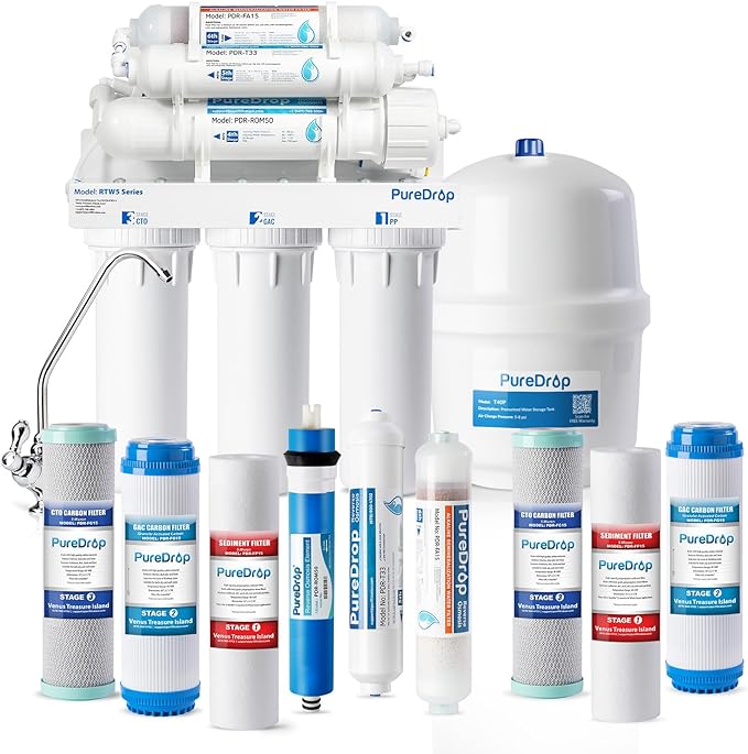 PureDrop RTW5AK SGS-Tested Reverse Osmosis Alkaline Water Filter System, 6 Stage pH+ Alkaline Remineralization Under Sink RO Water Filtration System Plus Extra 3 Filters, 50 GPD