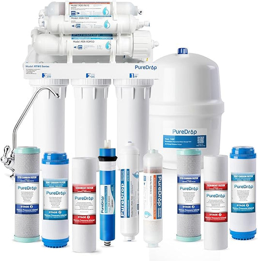 PureDrop RTW5AK SGS-Tested Reverse Osmosis Alkaline Water Filter System, 6 Stage pH+ Alkaline Remineralization Under Sink RO Water Filtration System Plus Extra 3 Filters, 50 GPD