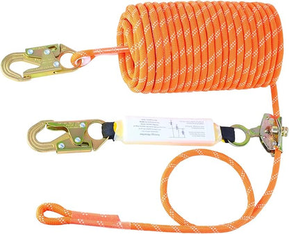 50FT Vertical Lifeline Assembly, 310LBS Capacity Fall Protection Safety Rope, Roofing & Tree Climbing Line Kit with Grab Hooks, Snap Hooks and Shock Absorber