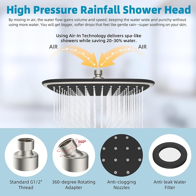 iFealClear Filtered Rain Shower Head with 12" Shower Extension Arm, 10" High-Pressure Boosting Rainfall Showerhead, Metal Shower Head Extender Adjustable Height/Angle, Easy to Install, Brushed Nickel