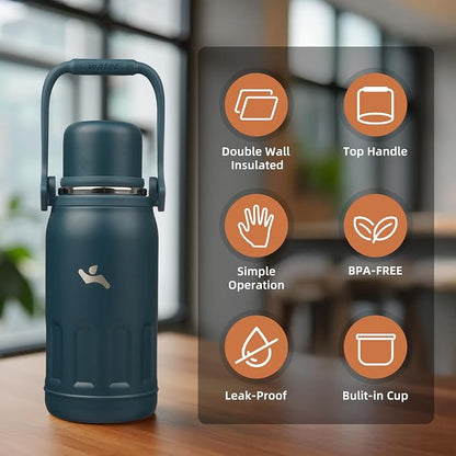 Konokyo Insulated Water Bottle with Handle and Strap,Vacuum Travel Tumbler with Cup Lid,Thermo Coffee Cup for Hot Cold Drinks 27 OZ,Navy Blue