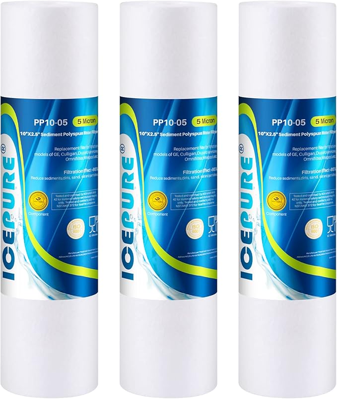 ICEPURE 10"X2.5" 5 Microns Whole House Sediment RO System Water Filter Replacement for Any 10 inch RO Unit,Dupont WFPFC5002, Aqua Pure AP110, Culligan P5,GE FXUSC, Whirpool WHKF-GD05,PP10-05,3PACK