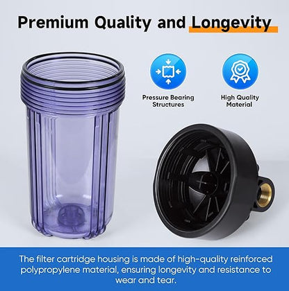 PUREPLUS 2-Stage Whole House Water Filtration System, Reduces Chlorine, Odor, Heavy Metals & Rust, with Pressure Gauges, 10" x 4.5" Clear Housing, 1" Inlet/Outlet, PP Sediment & KDF Carbon Filters