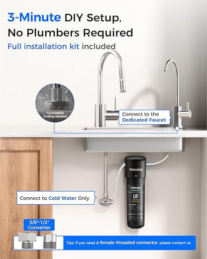 Waterdrop 10UB-UF 0.01 μm Ultra Filtration Under Sink Water Filter System, Reduces Lead, Chlorine, Bad Taste & Odor, 1 Year, with Dedicated Brushed Nickel Faucet, USA Tech