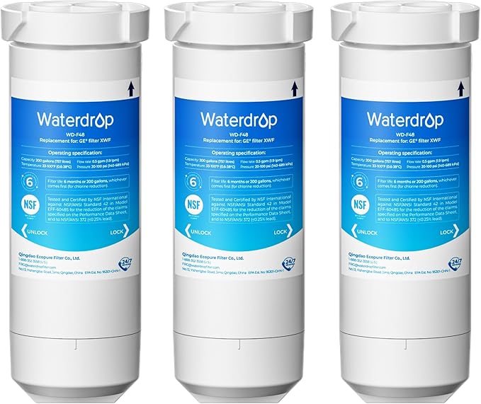 Waterdrop XWF Refrigerator Water Filter, Replacement for GE® WR17X30702, NSF 42/372 Certified, Compatible with GNE27, GFE26, GDE25, GSS25, PSE25 Series Refrigerators, 3-Pack (Not XWFE®)