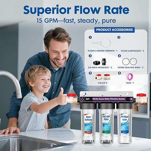 Whole House Water Filter System, 3-Stage Whole Home Water Softener System Highly Reduces Taste,Iron,Scale,Lead,Chlorine, with Heavy Metal and Anti-Scale Filter,3/4" Ports, Extra 1 Year Filter