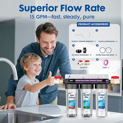 Whole House Water Filter System, 3-Stage Whole Home Water Softener System Highly Reduces Taste,Iron,Scale,Lead,Chlorine, with Heavy Metal and Anti-Scale Filter,3/4" Ports, Extra 1 Year Filter