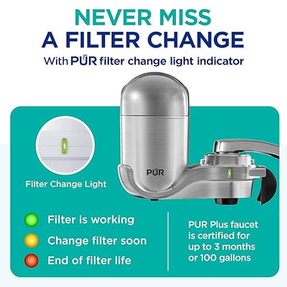 PUR PLUS Vertical Faucet Mount Water Filtration System, Lead-Reducing Filter, Great-Tasting Water, Easy Install, Lasts 100 Gallons, Compatible with Sinks with External Aerators, Stainless Steel