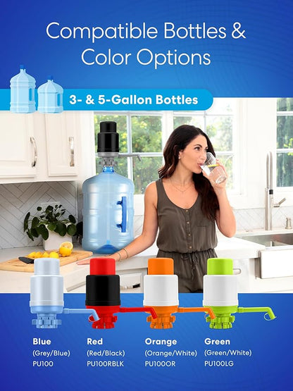 Brio Universal Water Bottle Pump | Manual Water Pump 1-5 Gallon Water Jug Dispenser for Camping Picnics and More! | 48mm & 55mm - (Multiple Color Options)