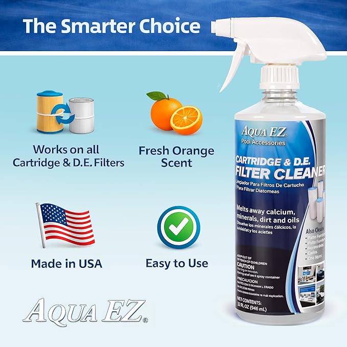 Aqua EZ Cartridge & D.E. Filter Cleaner – Fast Spray & Rinse Formula, Extends Filter Life, Boosts Flow & Circulation, Fresh Orange Scent, Cleans Pool Filters, Equipment, Spas & More (32 oz.)