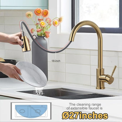 WOWOW Brushed Gold Kitchen Faucet With Sprayer, Stainless Steel High Arc Single Handle Sink Faucet for 1 or 3 Hole, Luxurious Gold Utility RV Kitchen Tap