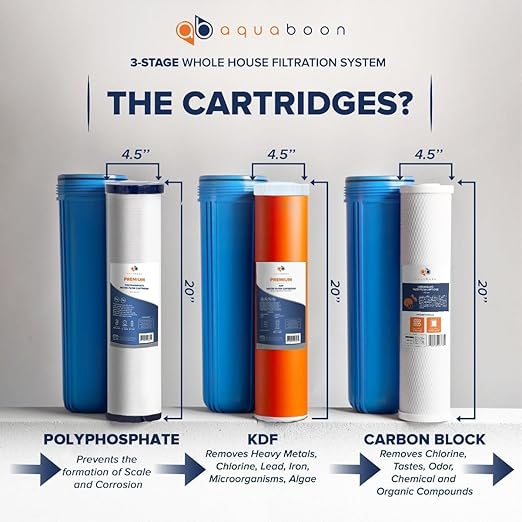Aquaboon 3-Stage Whole House Water Filter System with 5 Micron 20x4.5 Anti-Scale Reducing Sediment, KDF Heavy Metals and Carbon Chlorine Reduction Water Filter Purification, Wrench, Bracket