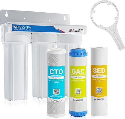 Max Water 3 Stage (Good for City Water) 10 inch Standard Water Filtration System for Whole House - Sediment + GAC + CTO Post Carbon - ¾" Inlet/Outlet - Model : WH-SW1