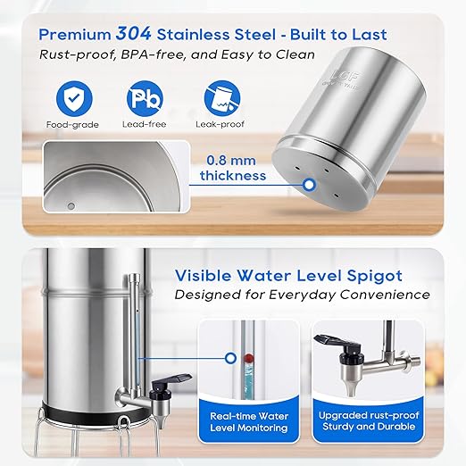 LCF 𝐒𝐢𝐥𝐯𝐞𝐫 𝐈𝐨𝐧𝐬 Enhanced Gravity Water Filter System, Reliable Alternative to Berkey Water Filter System, NSF/ANSI 42&372 Standard, Reduces 99% Chlorine, 6 Filters, Water Level Spigot, 3Gal