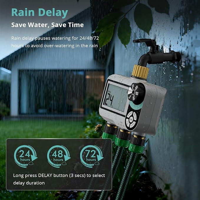 QUOBAS Brass Sprinkler Timer for Garden Hose, Programmable Water Timer | Rain Delay/Auto/Manual 3 Modes, Hose Timer for Hose Faucet with Child Lock, Waterproof Screen, 3 Zone Independent Watering