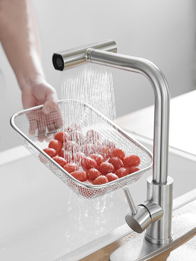 Kitchen Faucets with Pull Down Sprayer,Waterfall Kitchen Sink Faucet,Commercial Utility Stainless Steel Kitchen Faucets,Single Handle Kitchen Sink Faucet with Pull Down Sprayer for 3 Function,Brushed