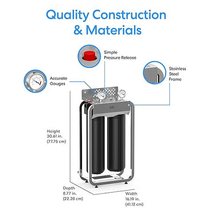 Brio Whole House Water Filter System w/Gauges | 2 Stage Fast-Flow Filtration (5 Micron Sediment, CTO Carbon Block) 4.5" x 20" Filters | Improves Taste, Protects Home Appliances & Shower | 900 GPH