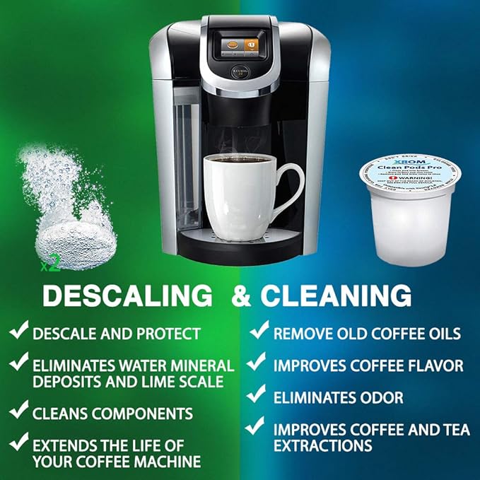 XROM Plant Based Descaling & Cleaning Kit, Compatible With All K-Cup Keurig 2.0 Brewers, All Natural Ingredients, Rinse Pods, Descaler Solution For Keurig Coffee Makers< 2 Uses.