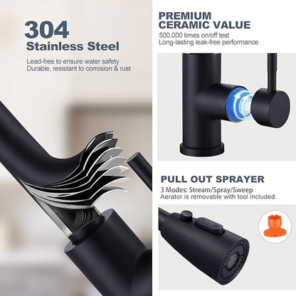 Black Kitchen Faucet and Water Filter Faucet Combo, WOWOW Stainless Steel Kitchen Sink Faucet with Drinking Water Faucet for Reverse Osmosis or Water Filtration System, Matte Black