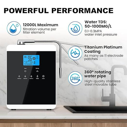 Alkaline Water Ionizer Machine for Home, 11 Titanium Plates pH 4.0-10.5 Up to -600mV ORP 10000 Liter Filter Life Acidic Water for Cleaning Countertop with Auto-Cleaning