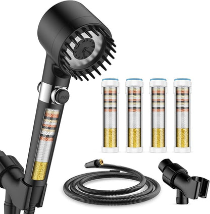 Filtered Shower Head with Handheld with 4PCS Filters, High Pressure 4 Spray Modes Black Shower heads with Filter, Water Softener Filter for Hard Water 70" Hose