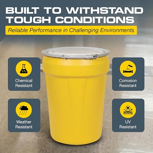Eagle Plastic Drum, 30 Gallon Drum, DOT Compliant, Made in USA, Yellow | High-Density-Polyethylene Construction, Open Head Lab Pack Drum, Metal Lever-Lock Lid, Hazardous Material Storage, Transport