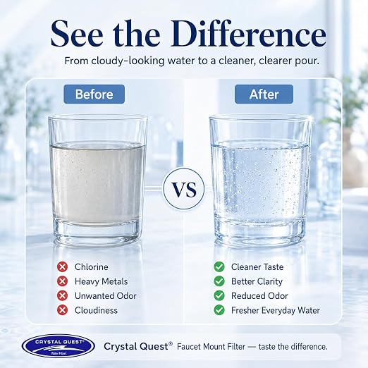 Crystal Quest Faucet-Mount Water Filtration System, ISO Certified 6-Stage Filtration, No-Wait Filtering, Removes Chlorine & Heavy Metal, 2000-Gallon Capacity, Easy Kitchen Faucet Installation - Chrome