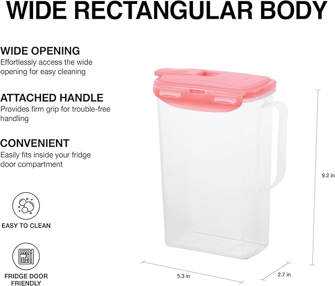 LocknLock Aqua Fridge Door Water Jug | Clear Pitcher | BPA Free Plastic Pitcher with Lid | 2 Quart Pitcher with Lid for Water, Juice, Tea & More Beverages, Pink