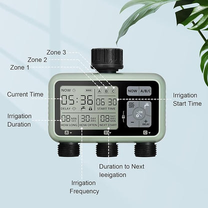 Watering Timer 3 Zone, Sprinkler Timer, Programmable Garden Outdoor Hose Faucet Timer with Rain Delay, Auto & Manual Watering System,Water Hose Irrigation Timers 3 Outlet for Garden