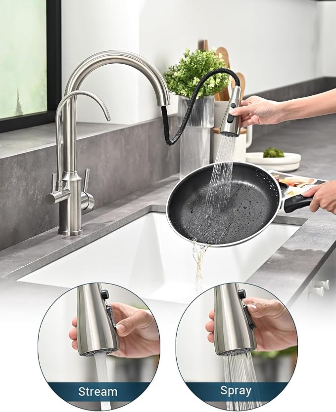 APPASO Kitchen Faucet with Water Filter, CUPC Certified Water Hose, Pull Out 3 Way Sink Faucets with Sprayer, High Arch 2 Handle Faucet - 2 in 1 Faucets Brushed Nickel, Without Filtration Device