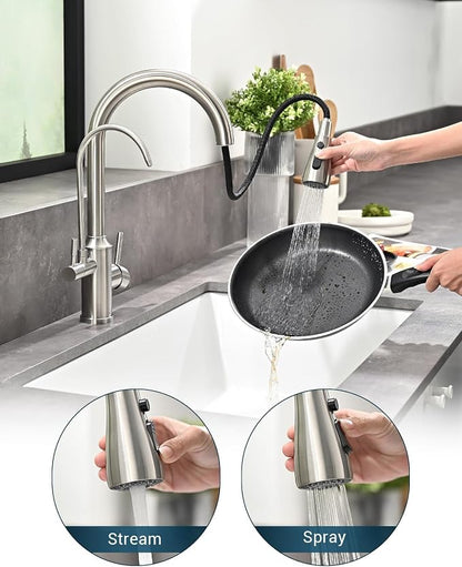 APPASO Kitchen Faucet with Water Filter, CUPC Certified Water Hose, Pull Out 3 Way Sink Faucets with Sprayer, High Arch 2 Handle Faucet - 2 in 1 Faucets Brushed Nickel, Without Filtration Device
