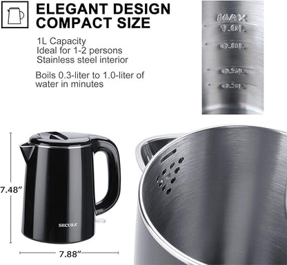 Secura Stainless Steel Double Wall Electric Kettle Water Heater for Tea Coffee w/Auto Shut-Off and Boil-Dry Protection, 1.0L (Black) SWK-1001DB/HB-K012