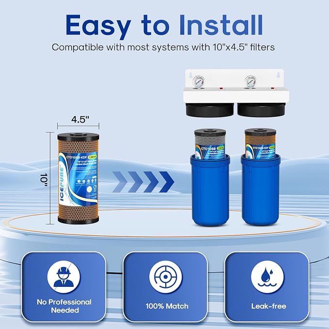 ICEPURE 2-Stage 10" x 4.5" Whole House Carbon Water Filter Set, Activated Carbon Filter and KDF Heavy Metal Removal Cartridge Replacement for WFHDC8001, CB-BB-10, FXHTC, GXWH40L, GXWH35F, Pack of 1