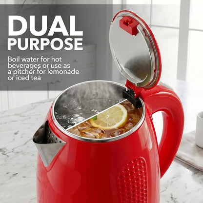 OVENTE 1.7L Double Wall Electric Tea Kettle, 1100W Water Boiler and Heater with Cool-Touch Exterior, Stainless Steel Insulated Interior, Auto Shut-Off, Boil-Dry Protection & Locking Lid, Red KD64R
