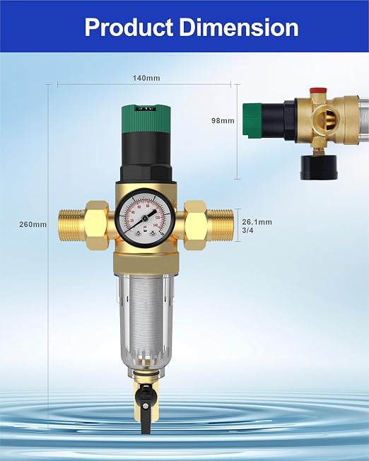 Water Pressure Regulator, with Spin Down Sediment Filter & Gauge for Home, 50 Micron, 1.25" MNPT + 1" FNPT + 1" MNPT, Heavy Duty Brass