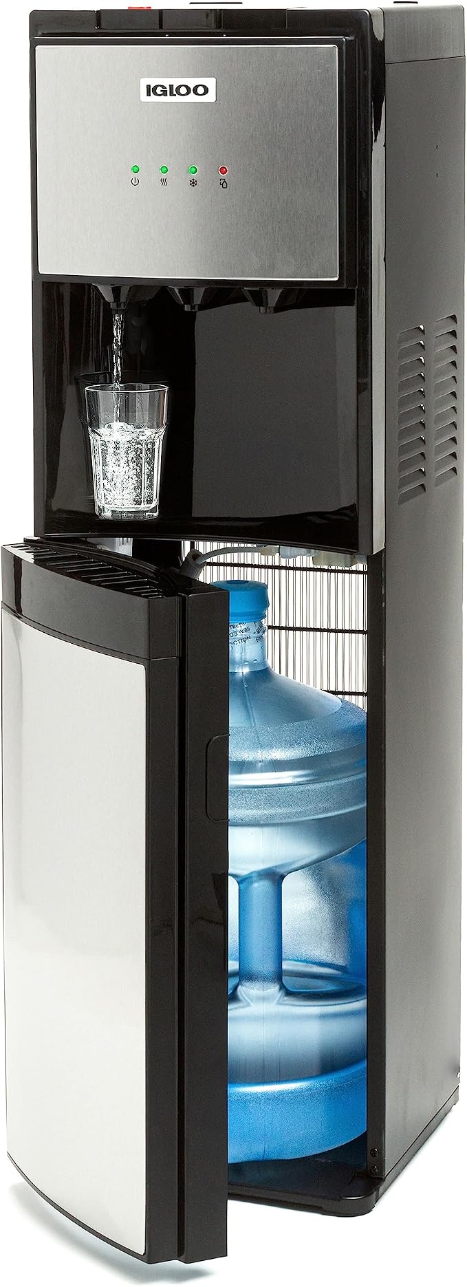 Igloo Bottom-Loading Water Dispenser – Water Cooler Dispenser with Hot, Cold & Temperature Settings- Electric Water Dispenser Fits 3- & 5-Gallon Jugs with Child Safety Lock Office Use– Black Stainless